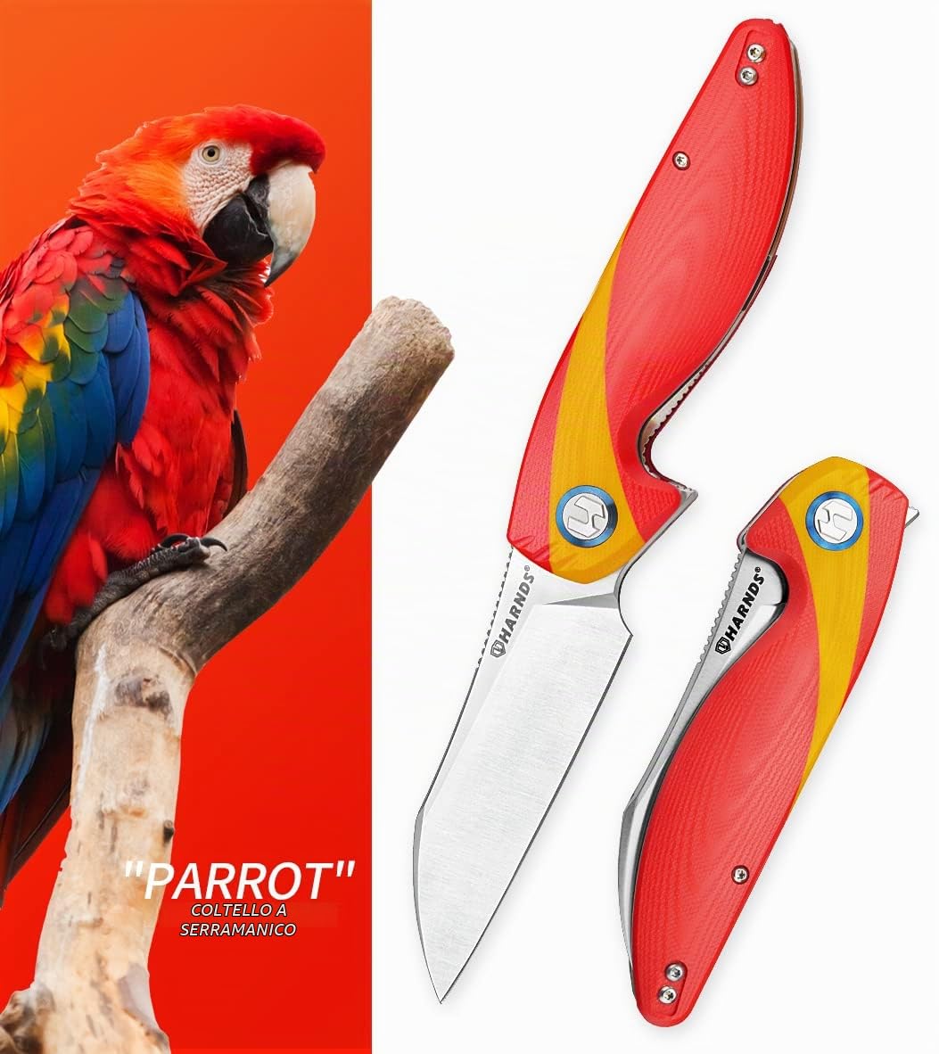 HARNDS Parrot Premium Coltello pieghevole con lama Sandvik 14C28N da 3,58" e manico in G10 con clip, chiusura con liner per l'EDC e il campeggio all'aperto. (Rosso & giallo)