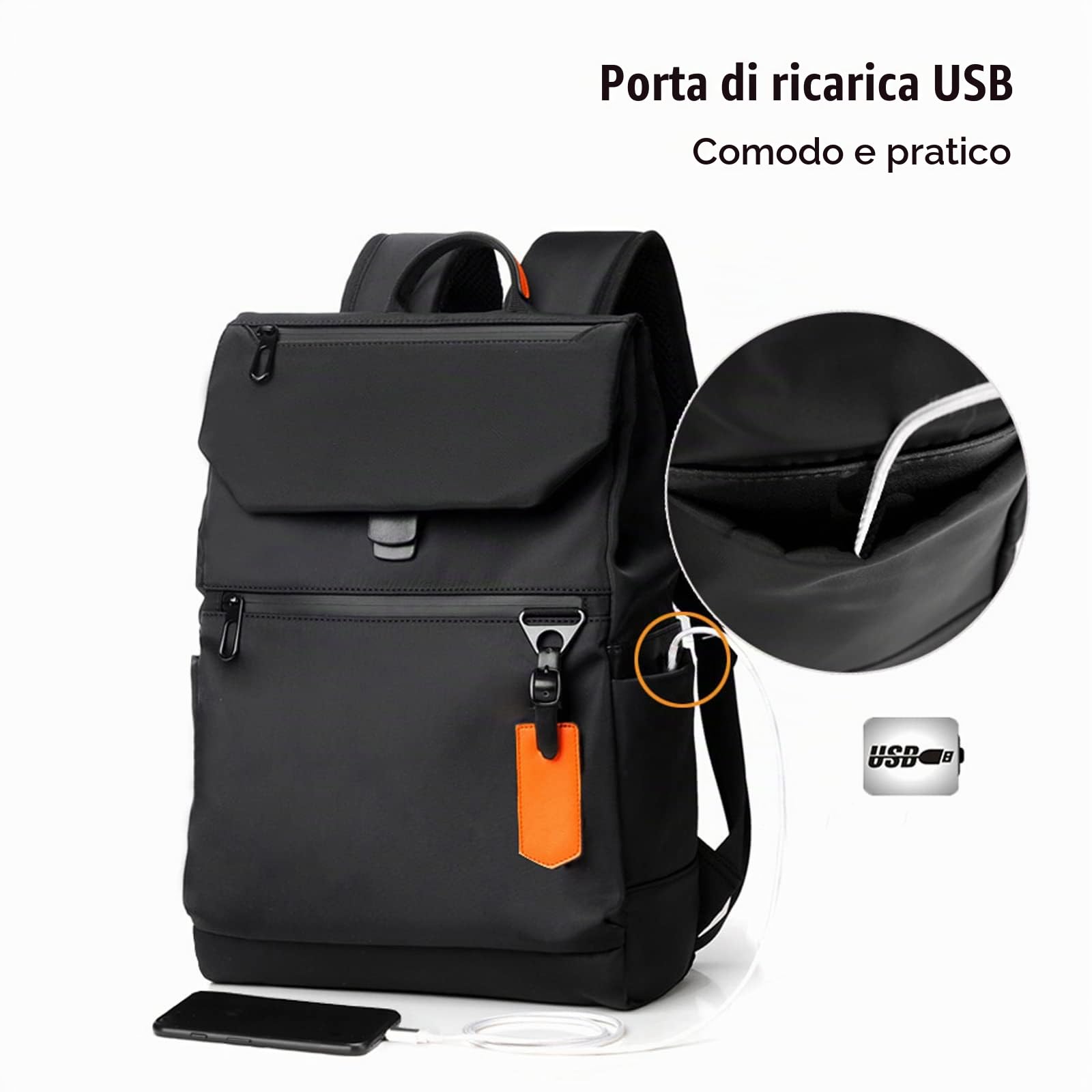 FANDARE Zaino Uomo Per PC Portatile per Laptop 15.6 Pollici con Caricatore USB Zaino Lavoro per Scuola Viaggio Impermeabile Nylon Nero