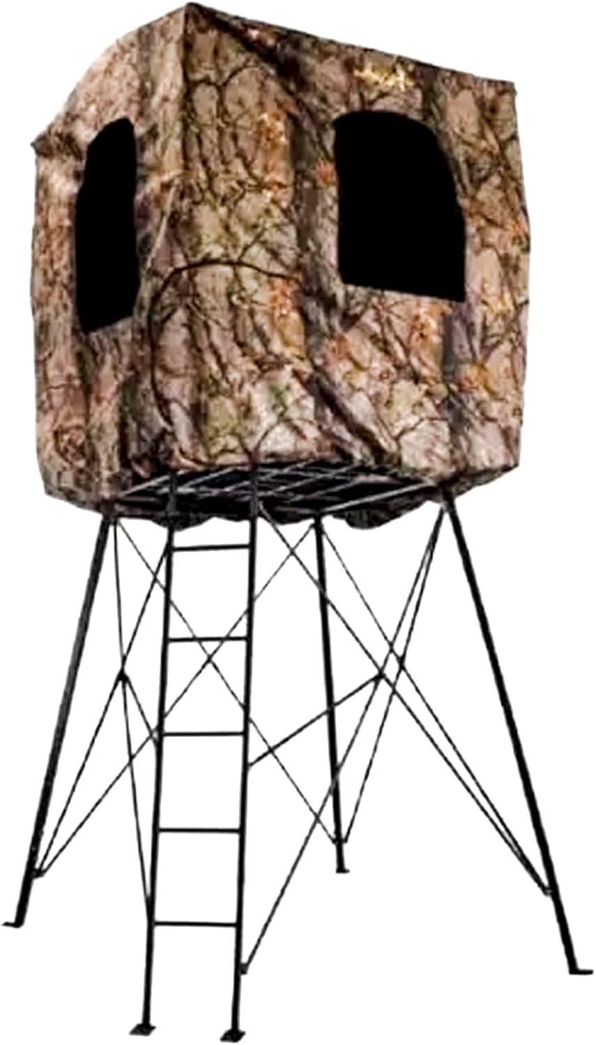 MUDDY Quad Pod Ladder Stand with Large 57" x 57" Platform and Hunting Blind, Hunting Gear Deer Blind