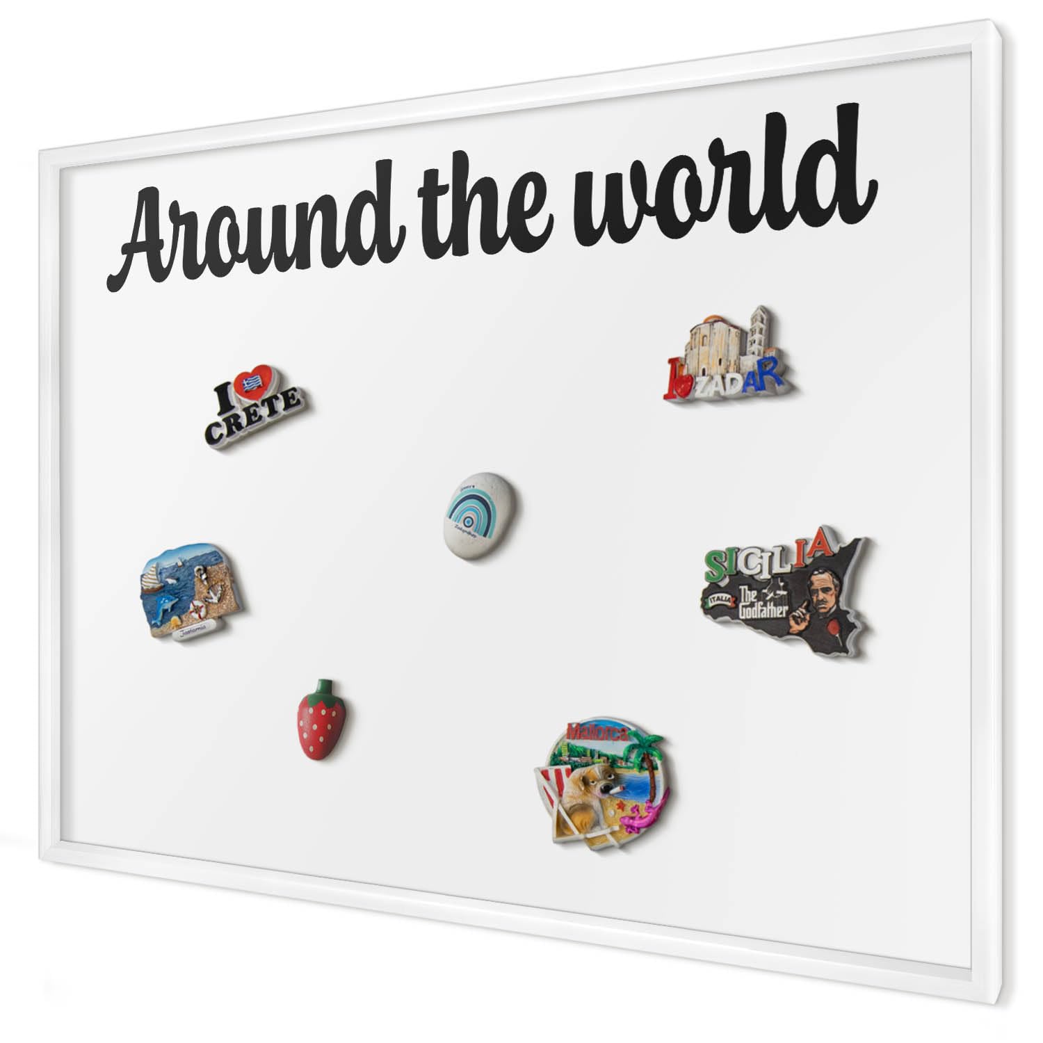 Panel Magnético 100x70 cm | con Marco Blanco | Around The World | Montaje Fácil | Organizador de Pared | Para Recuerdos de Vacaciones | Expositor de Imanes de Nevera y Postales | Para Cocina