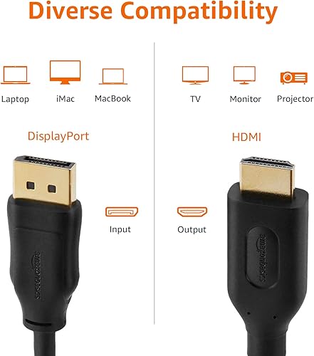 Miniatura 6 de Tienda Basics Cable de pantalla DisplayPort a HDMI, unidireccional, 4k30Hz, 1920x1200, 1080p, conectores chapados en oro, 6 pies, negro