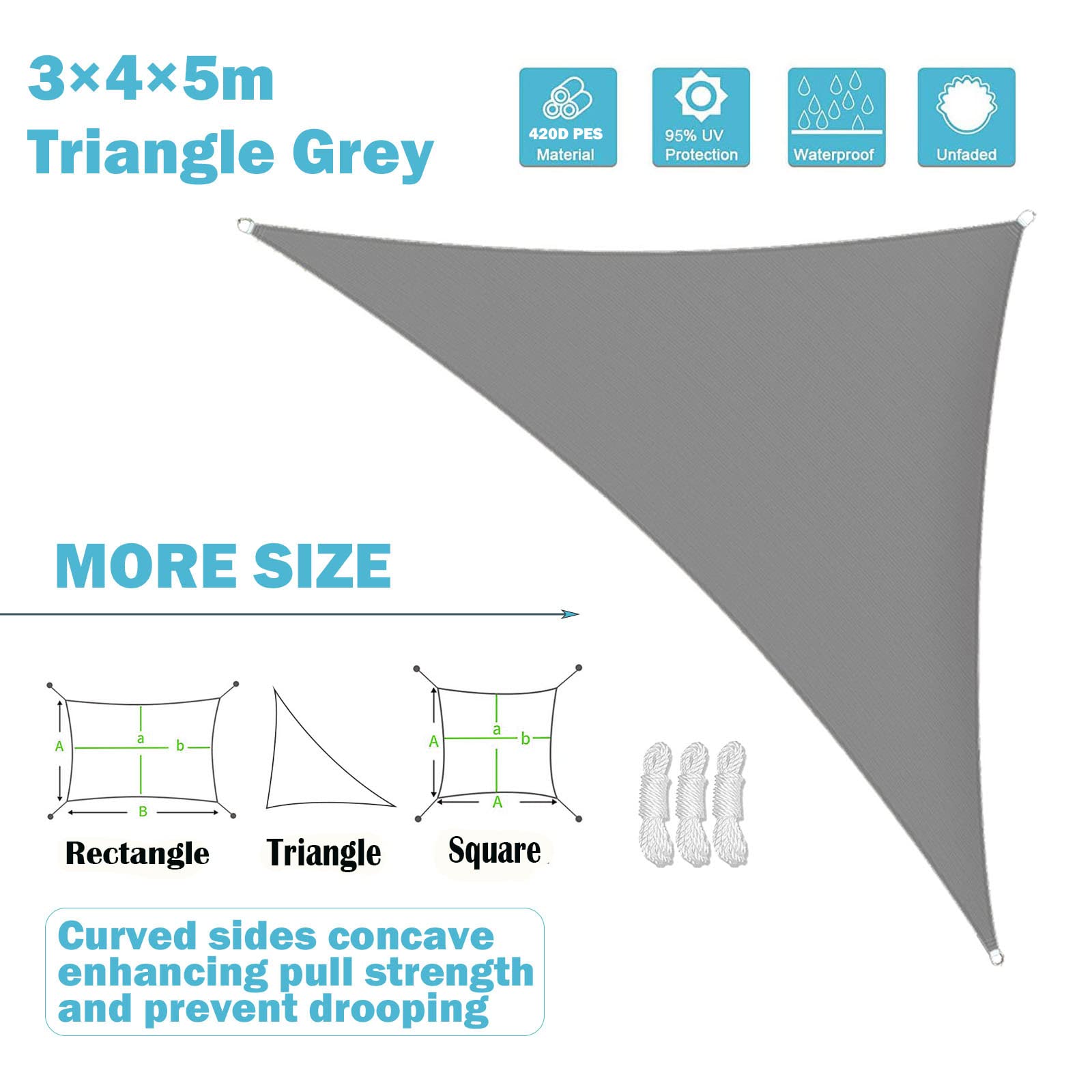 Sunal Sun Shade Sail Waterproof 3×4×5m with Installation Fixing Kit - Image 2