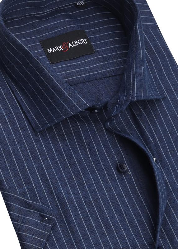 Image of MARK & ALBERT Men's Half Sleeve Cotton Linen Striped Shirt