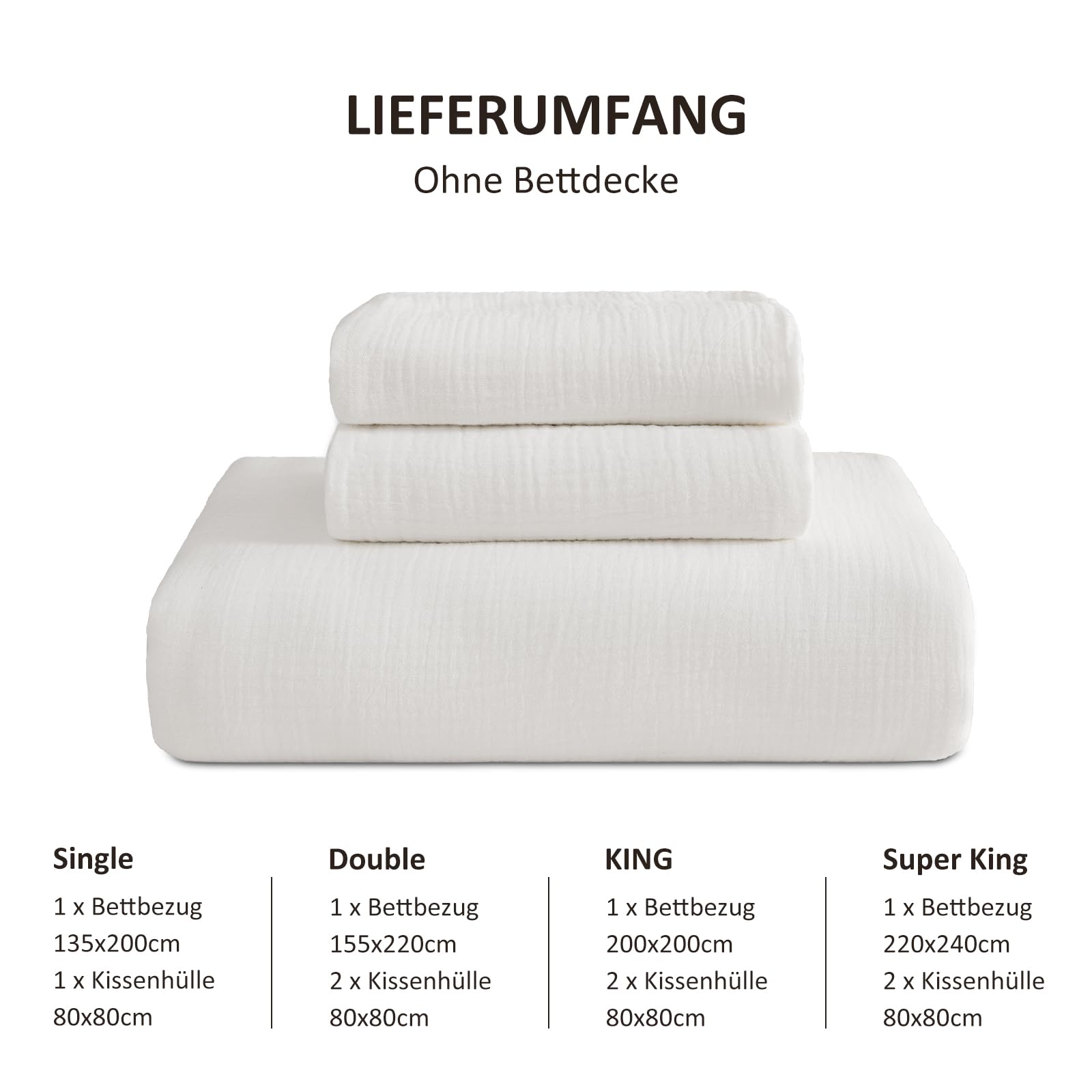 EMME Biancheria da letto estiva in mussola, 100% cotone, copripiumino 135 x 200 cm + federa 80 x 80 cm, colore: bianco Oeko-TEX