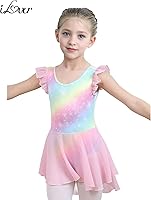 Vista 2 de iLover Vestido de leotardo clásico con tutú y mangas con volantes para niñas, para danza, gimnasia y ballet