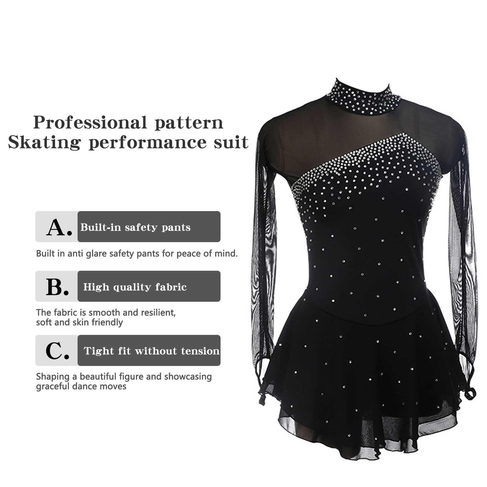 Robe de Patinage Artistique, Fille Femme Strass Justaucorps de Danse Gymnastique à Manche Longue, Robe Compétition De Patinage sur Glace