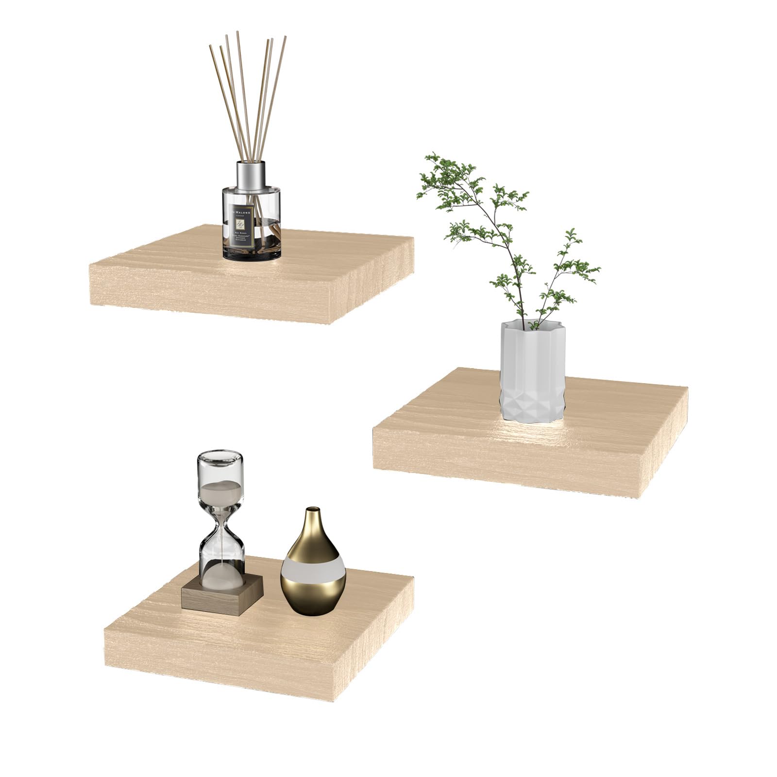 PopiShelves Small Floating Shelves for Wall - 6 Inch Mini Square Natural Wood Shelves for Bedroom, Living Room, Bathroom, Kitchen, Office Decor Set of