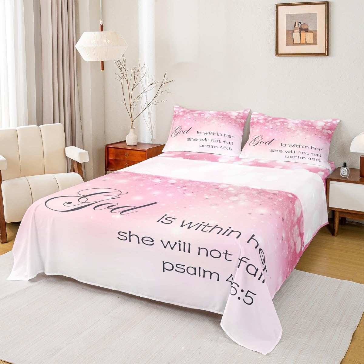 Feelyou Blessed Words Sheets with Deep Pocket Fitted Sheet Glitter (No Glitter No Sequin) Pink Sheet Set Positive Words Bed Sheets Set for Girls Microfiber Faith Words Bedding Set Room Decor King
