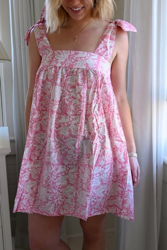 Image of Women Floral Tie Shoulder Mini Dress Cute Square Neck Loose Fit Beach Short Dress Backless Boho Vocation Sundress