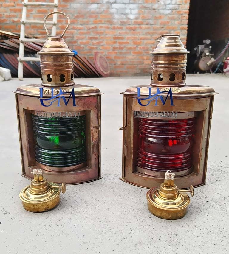 Nautical Pair of Vintage Brass Star Board Oil Lantern Nautical Oil Lamp 10 Inch Home Decor