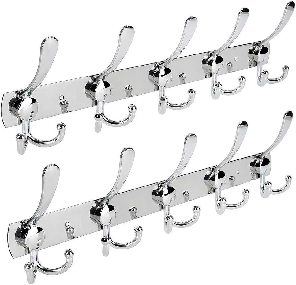 Trotinic Wall Mounted Coat Hooks,2 Pack 15 Hooks Stainless Steel Clothes Hooks Coat Rack Coat for Robe Hat Handbag