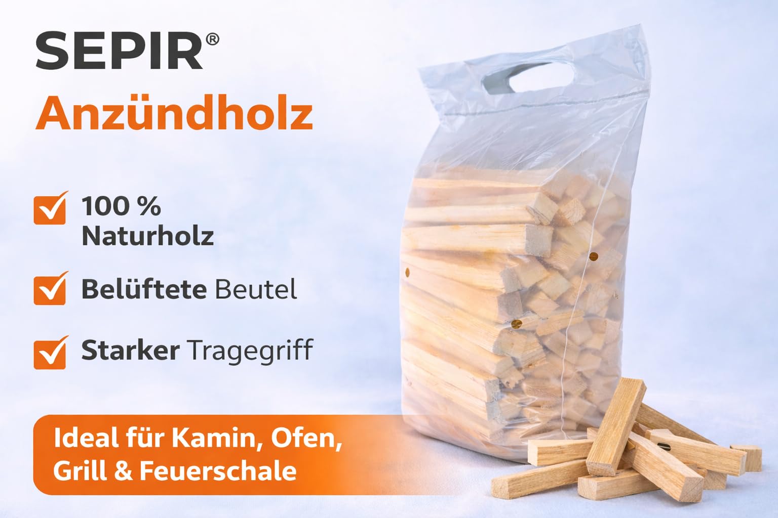 Anzündholz Kamin & Grill, 20,0 kg (8x2,5 kg), Kammergetrocknet, Kiefer & Fichte, Praktische Beutel mit Griff & Lüftung, für Kamin, Ofen, Grill & Feuerschale