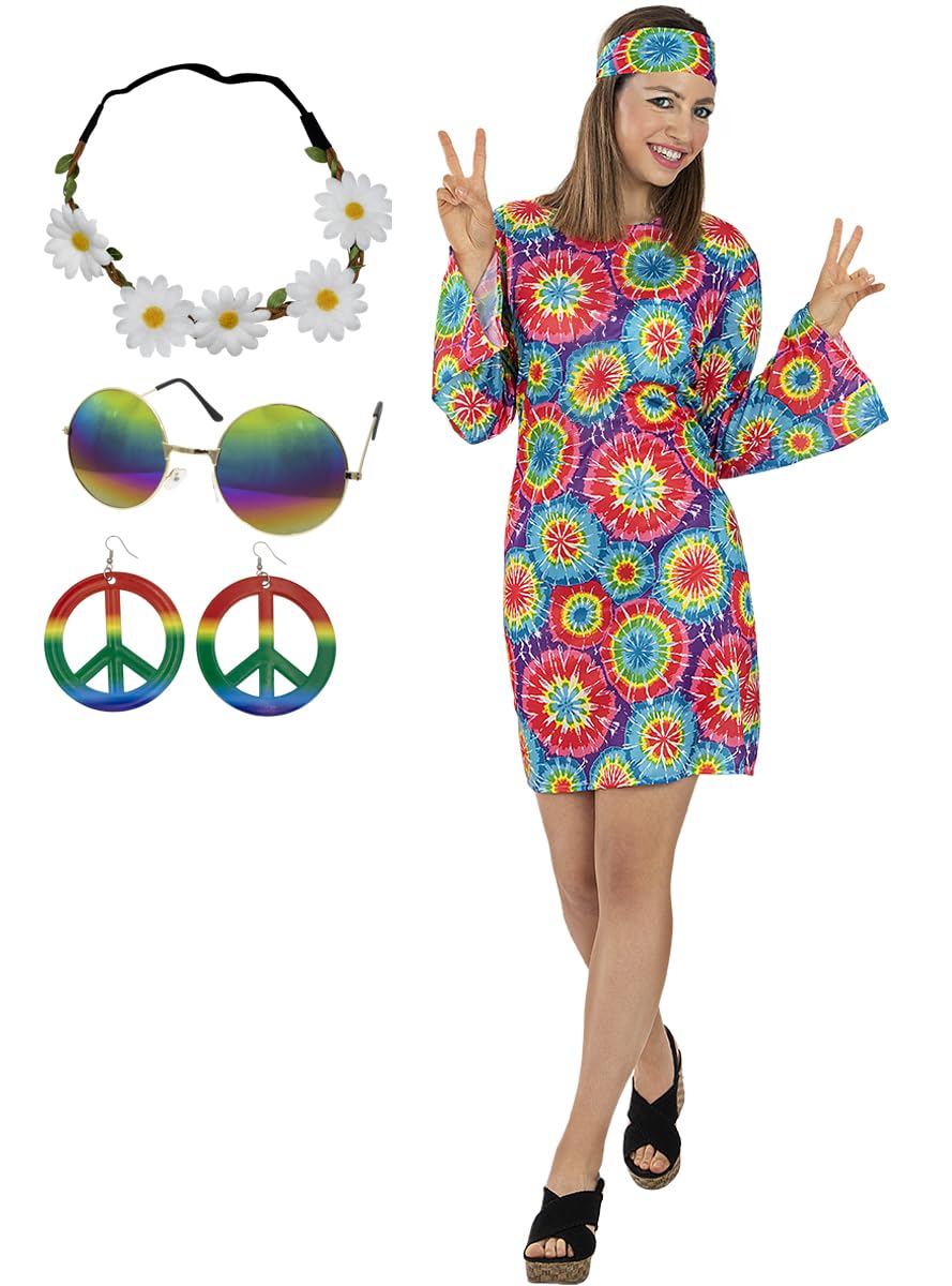 Funidelia | Disfraz de Hippie de los 60s con accesorios para mujer Años 60 & Hippie - Disfraz para adultos y divertidos accesorios para Fiestas, Carnaval y Halloween - Talla S - M