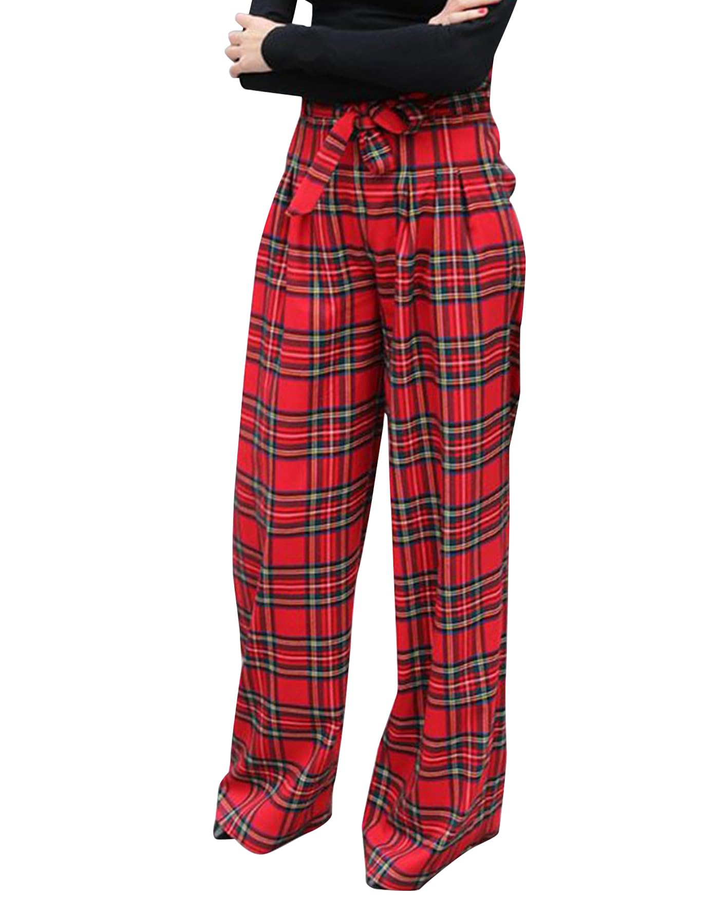 Womens Tartan Plaid Print Pants High Waisted Wide Leg Baggy Palazzo Pants with Belt