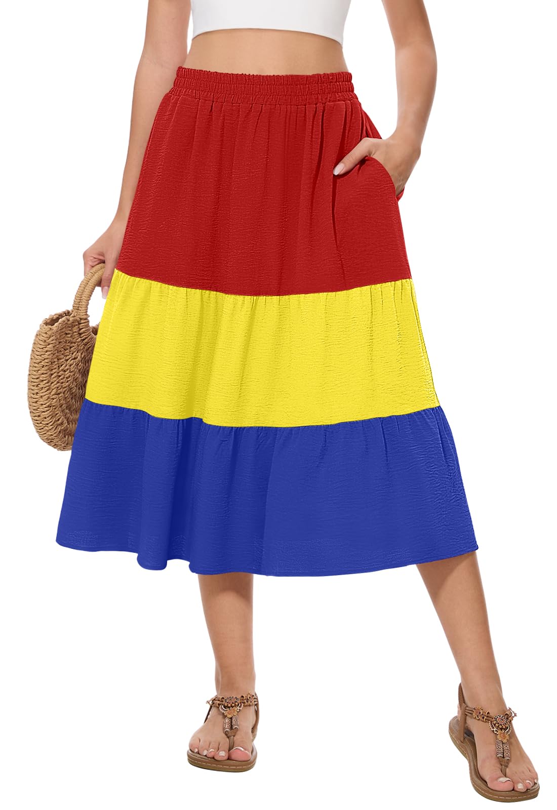 AYIFU Womens Summer Midi Skirt Tiered Flowy High Waist A-Line Elastic Ruffle Casual Skirts with Pockets