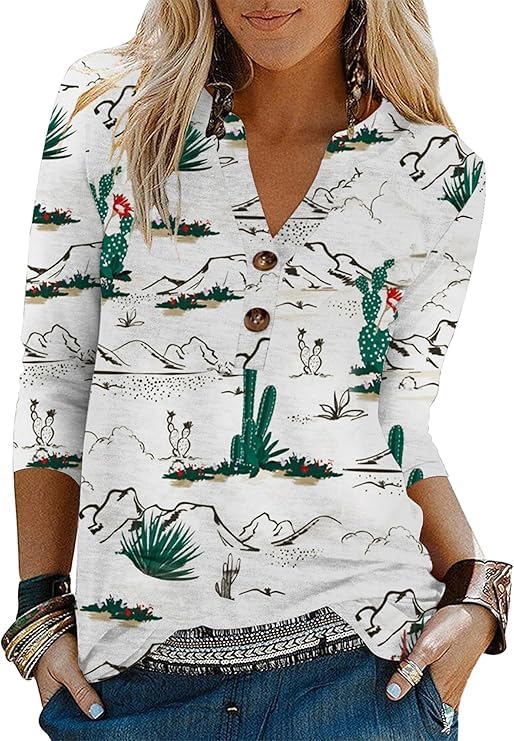 Womens Tops 3/4 Length Sleeve Shirts V Neck Graphic Western Shirts Loose Casual Vintage Blouses Cactus Desert Tees