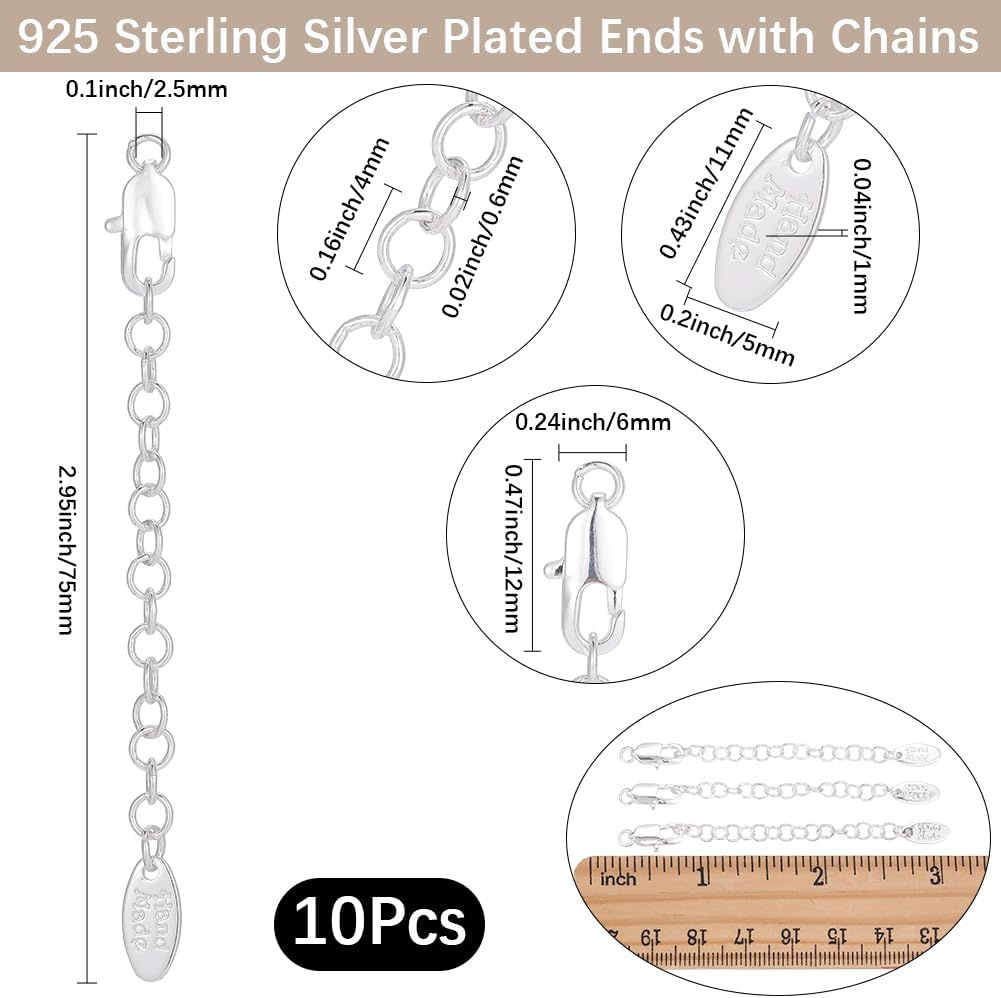 Beebeecraft 10Pcs Lobster Claw Clasps with Extender Chain, 925 Sterling Silver Plated Necklace End Chain Tail Extender Chains for Jewelry Making Bracelet Extension Supplies