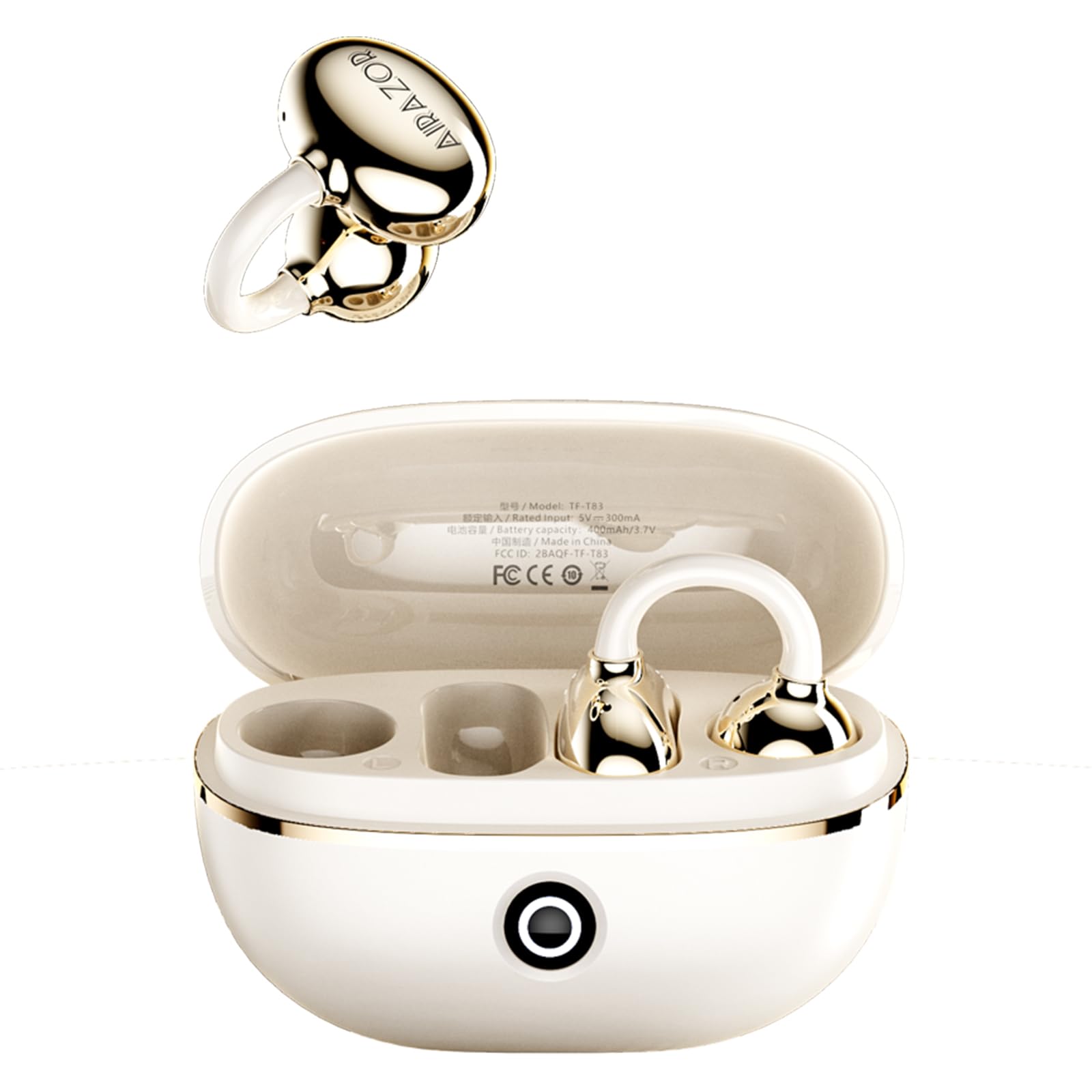 White Transformers TF-T83 Clip-On Open-Ear Earbuds in their open charging case.