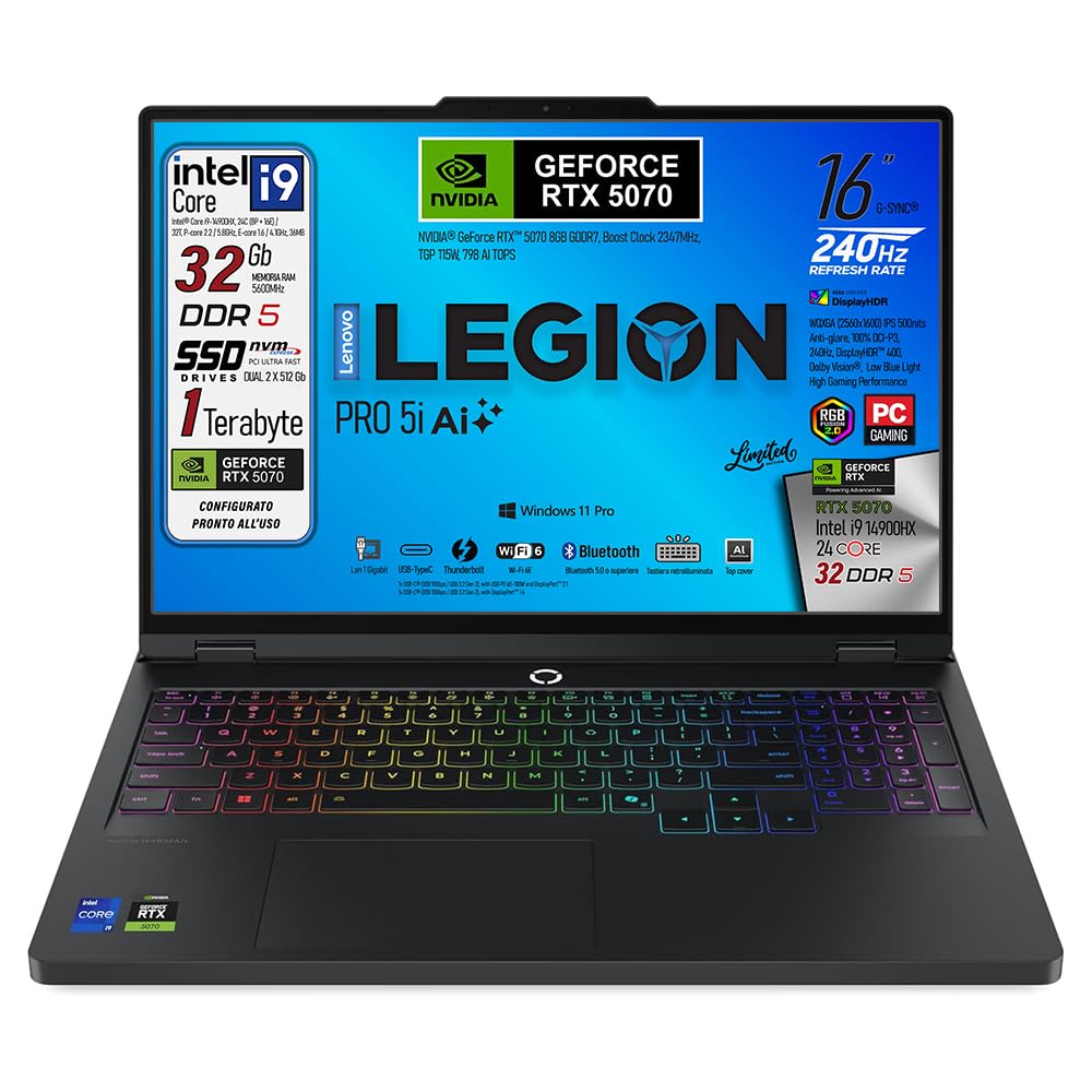 Lenovo Legion Pro 5i, Notebook Gaming, Intel Core i9-14900HX, RAM DDR5 32Gb, SSD 1 Tb, Display HDR 16" WQXGA DCI-P3 100% 240Hz, Nvidia Geforce RTX 5070, Tastiera RGB QWERTY, Ready to Use