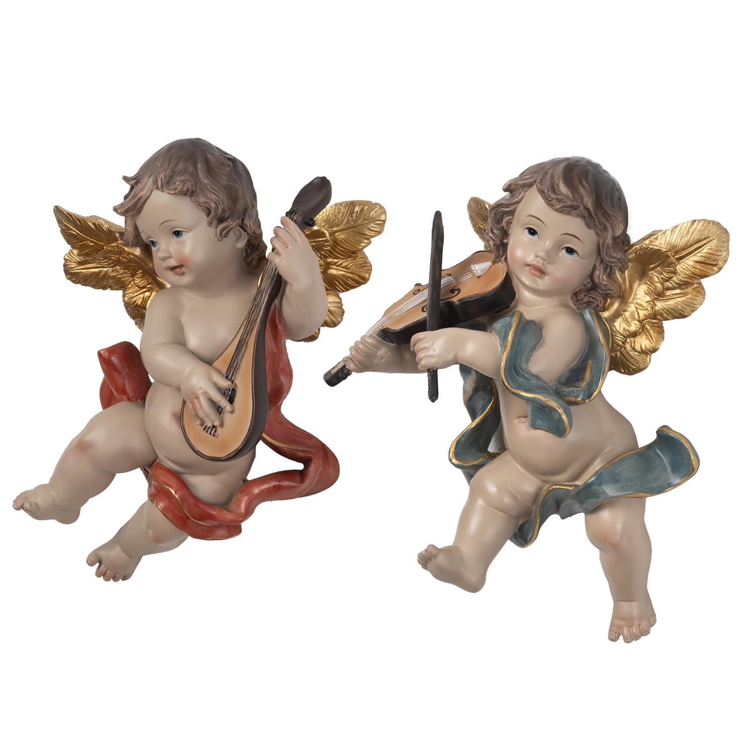 Moritz 2er Set große Engel Hängedeko aus Polyresin - musizierende Deko-Engel mit Geige & Mandoline, goldene Flügel, ca. 20-22 cm, liebevoll gestaltet für Wand oder Fenster