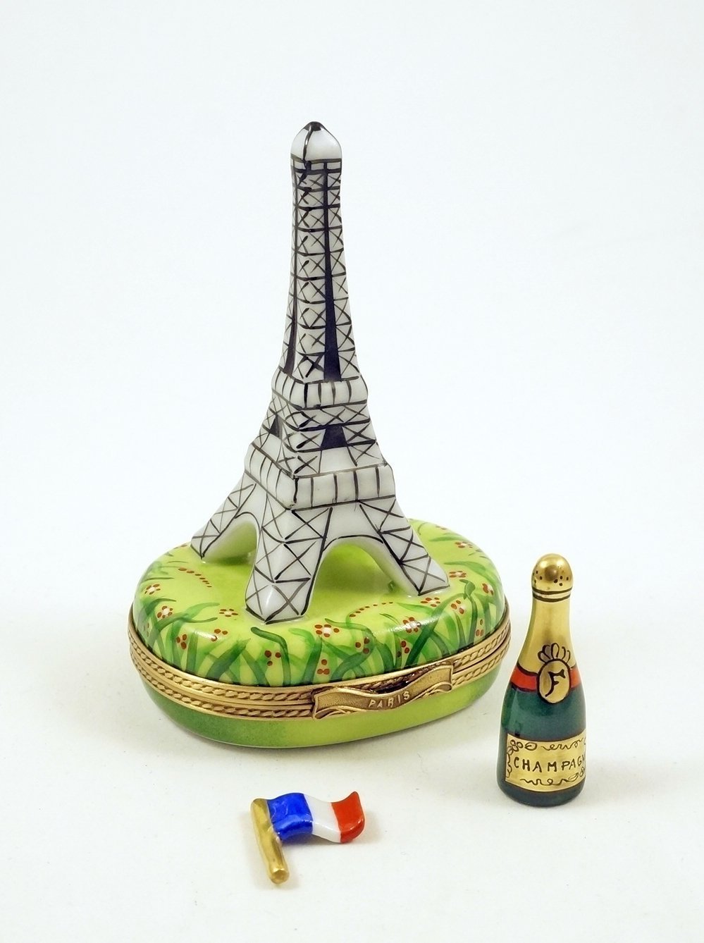 Authentic French Porcelain Hand Painted Limoges box Gorgeous Eiffel Tower Famous Paris Monument with Miniature Removable Porcelain French Flag & Champagne