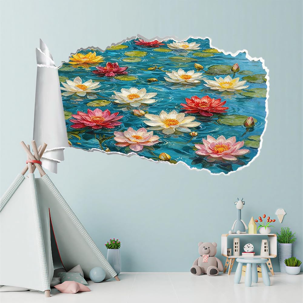 3D Durchbruch Wandtattoo Mädchen Kinderzimmer Lotus Wandaufkleber Dekorative Ölgemälde-Kunst Wandsticker für Junge Teenager Zimmer Wohnzimmer Schlafzimmer Wandbilder Deko