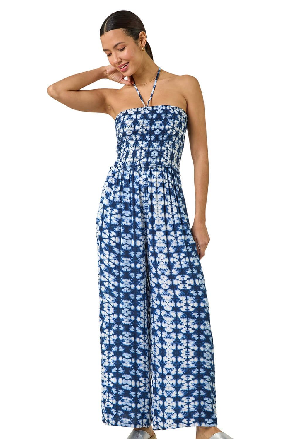 Roman Women's Navy Abstract Shirred Bardot Jumpsuit In Size 20