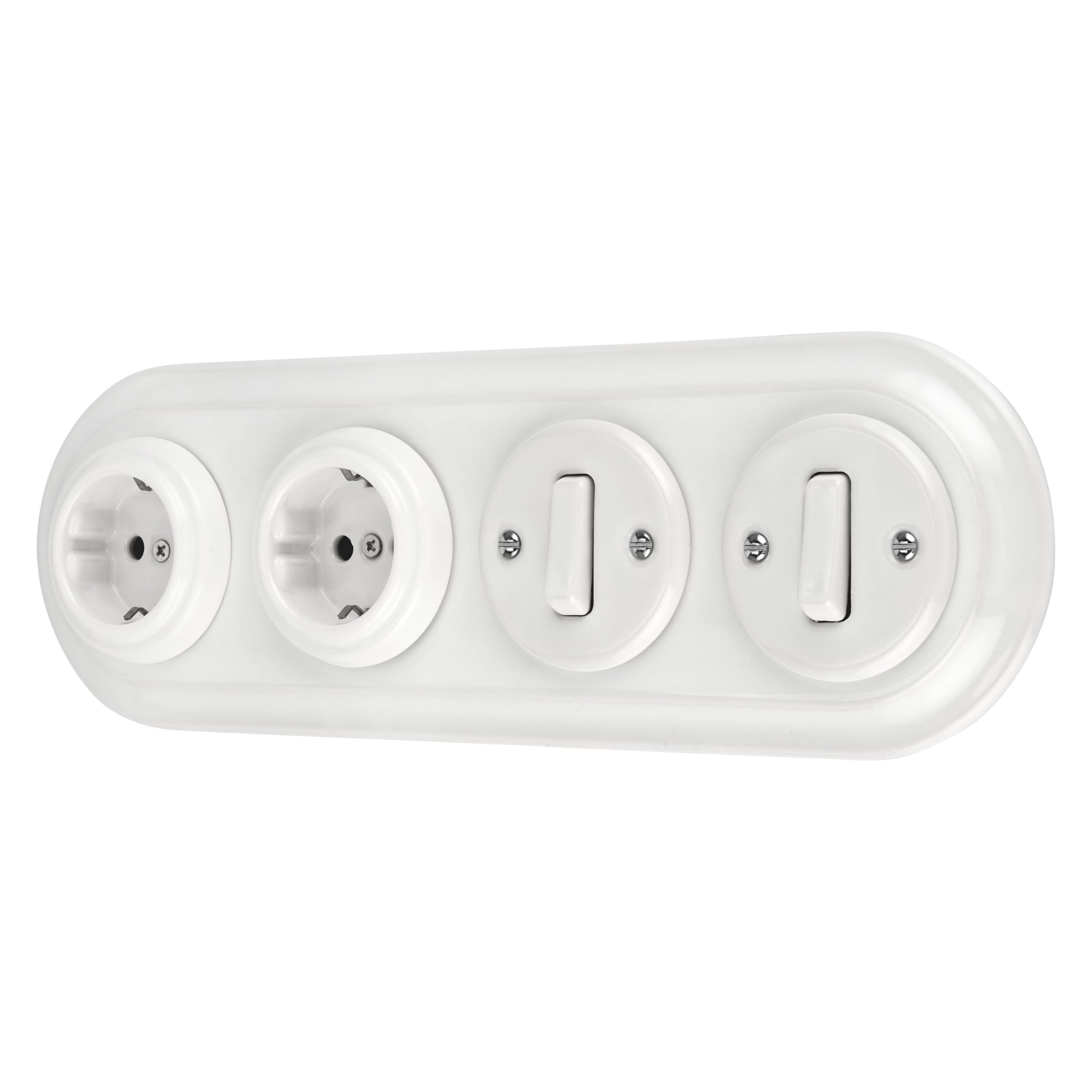 Unterputz Porzellan Retro Steckdose, Schalter, 4-fach, All-in-One, SET Serie PR1 weiß