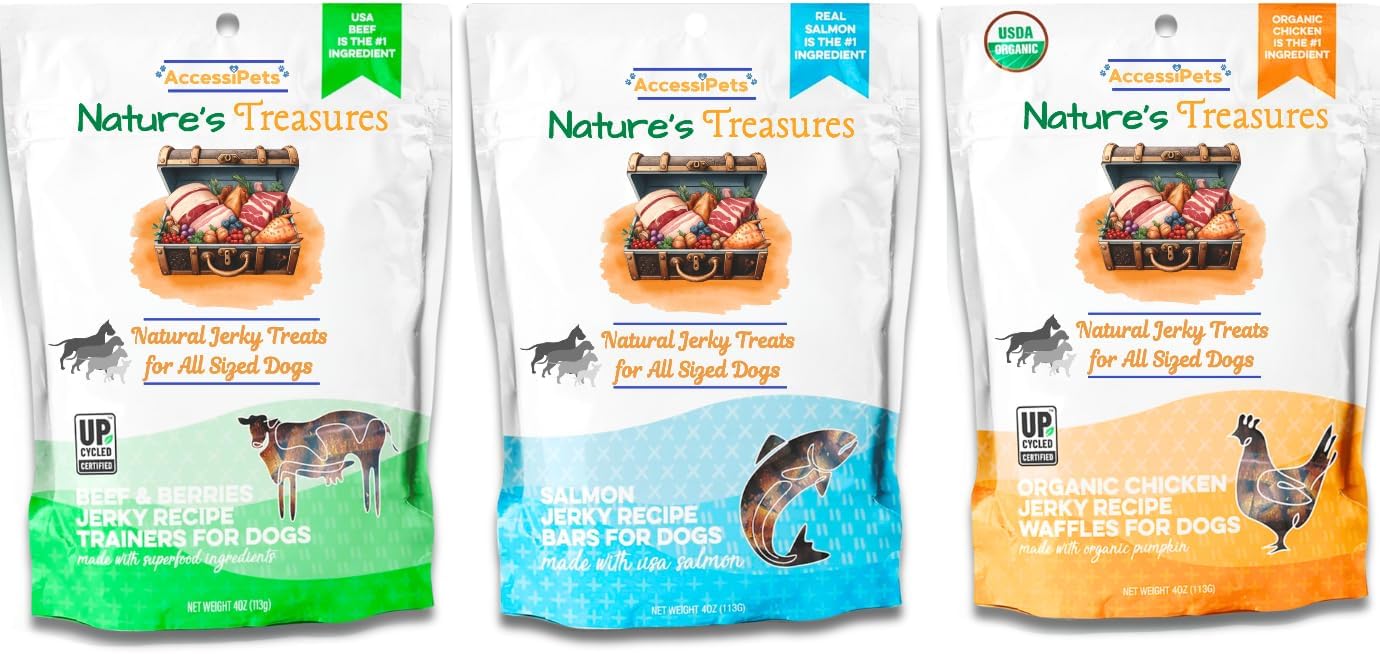 Chewy Jerky Dog Treats Variety Bundle – (Beef with Berries, Organic Chicken & Pumpkin, Salmon) – Natural, Organic Dog Treats Made in USA