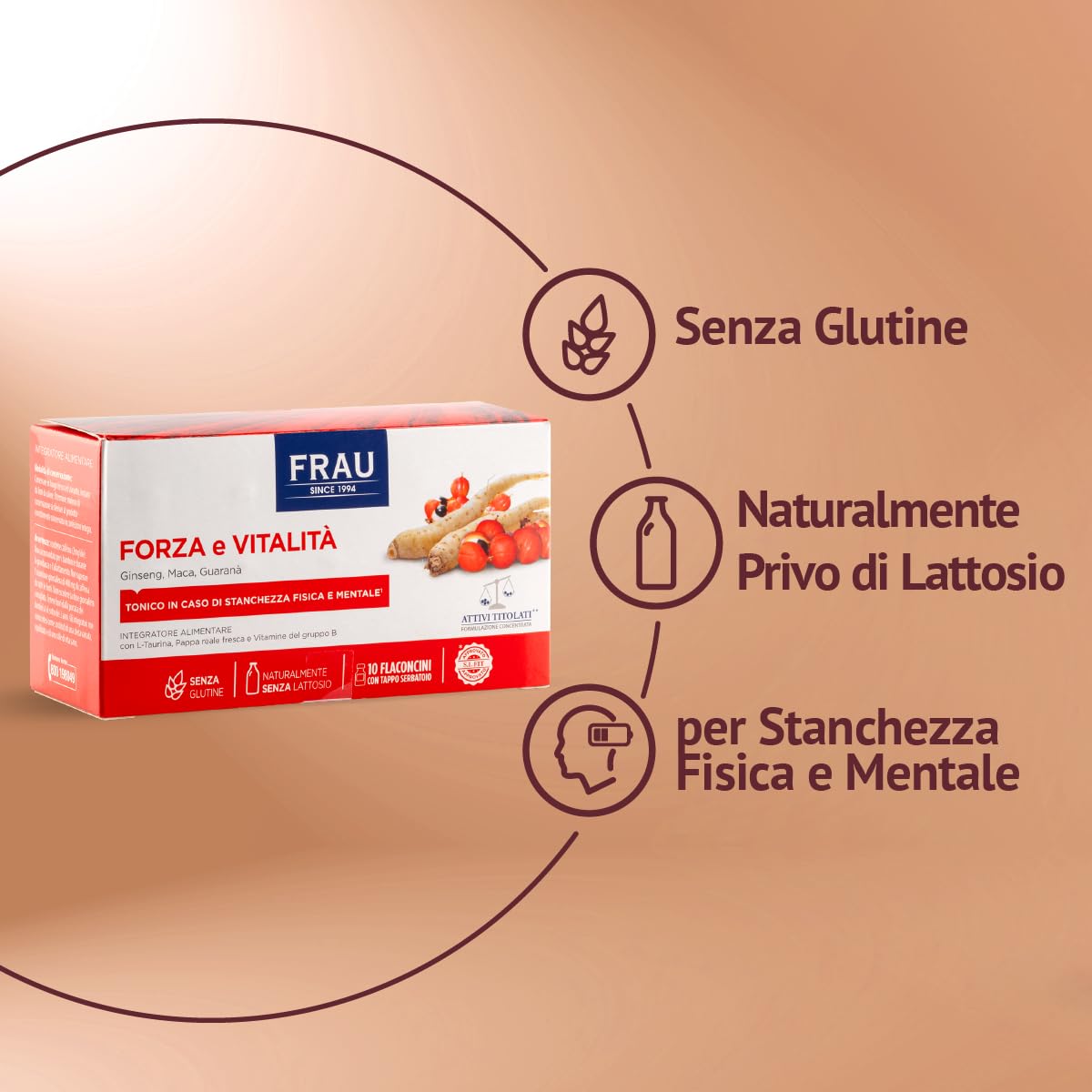 FRAU Forza e Vitalita’, Integratore Energia A Base Di Estratti Vegetali, 9 confezioni X 10 Flaconcini Con Tappo Serbatoio, Integratore Stanchezza Fisica E Mentale, Senza Glutine E Lattosio, Bianco