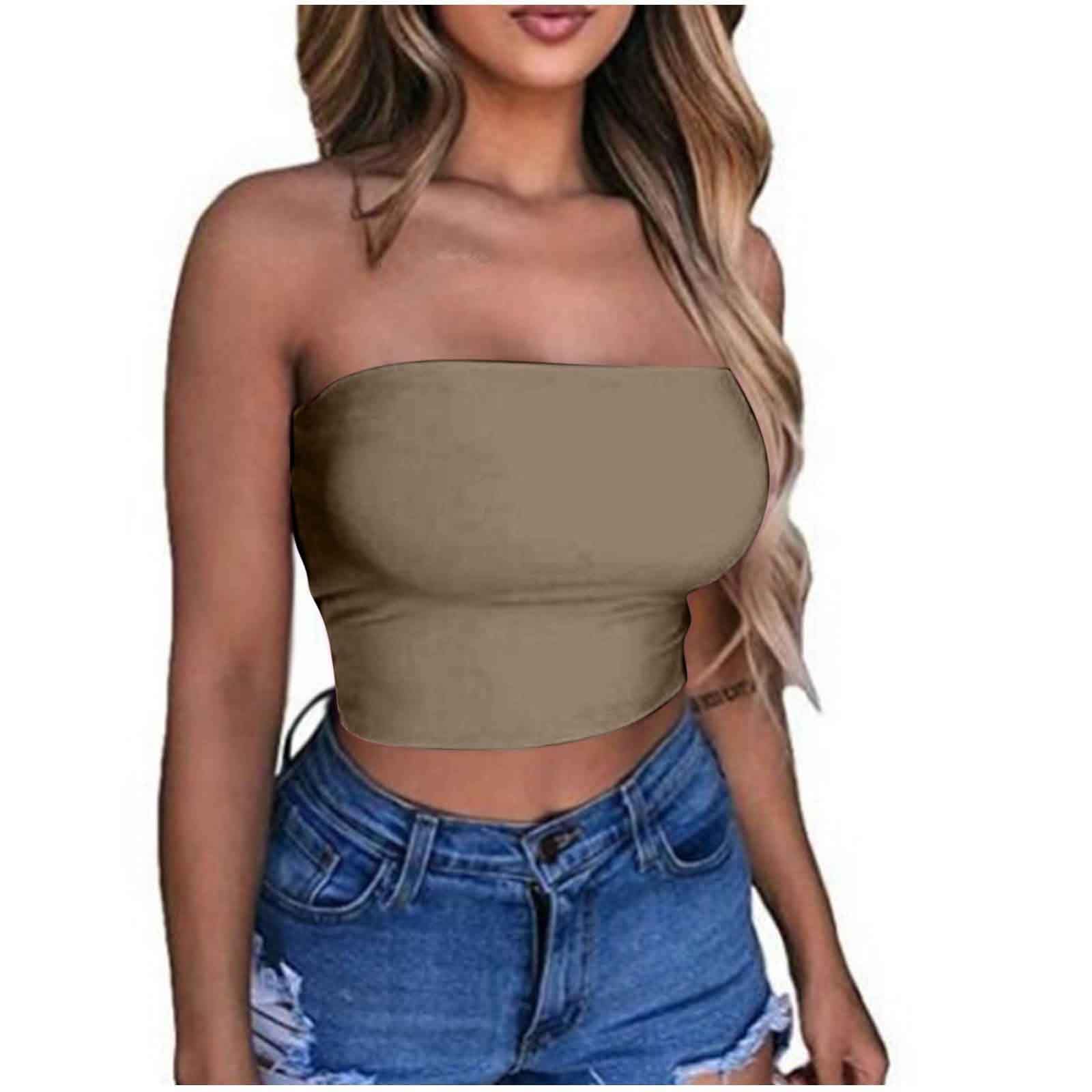 KOG Gutschein Amazon Bandeau Top Damen Crop Tops Sexy Tube Top Frauen Sommer Schulterfreies Oberteil Push up Bustier Bauchfreies Trägerloses Top Slim Fit Oberteile Amazon Warehouse Deal Kaffee L