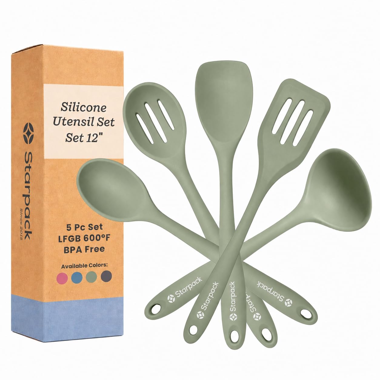 Starpack Home Sage Green Starpack 'Stir & Serve' Silicone Cooking Utensils Set (5 Pcs) - 10.5" - Kitchen Utensil Set Heat Resistant To 600°F - Kitchen Utensils For Nonstick Cookware - Silicone Utensil Set For Mixing & Cooking