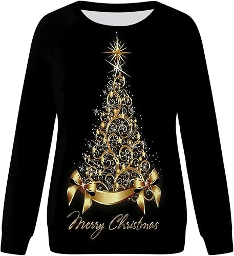 Miniatura 3 de Yesunpxs Sudaderas estampadas de Navidad para mujer cuello redondo camisetas de manga larga camisetas de invierno de moda 2022 Beige Bronceado