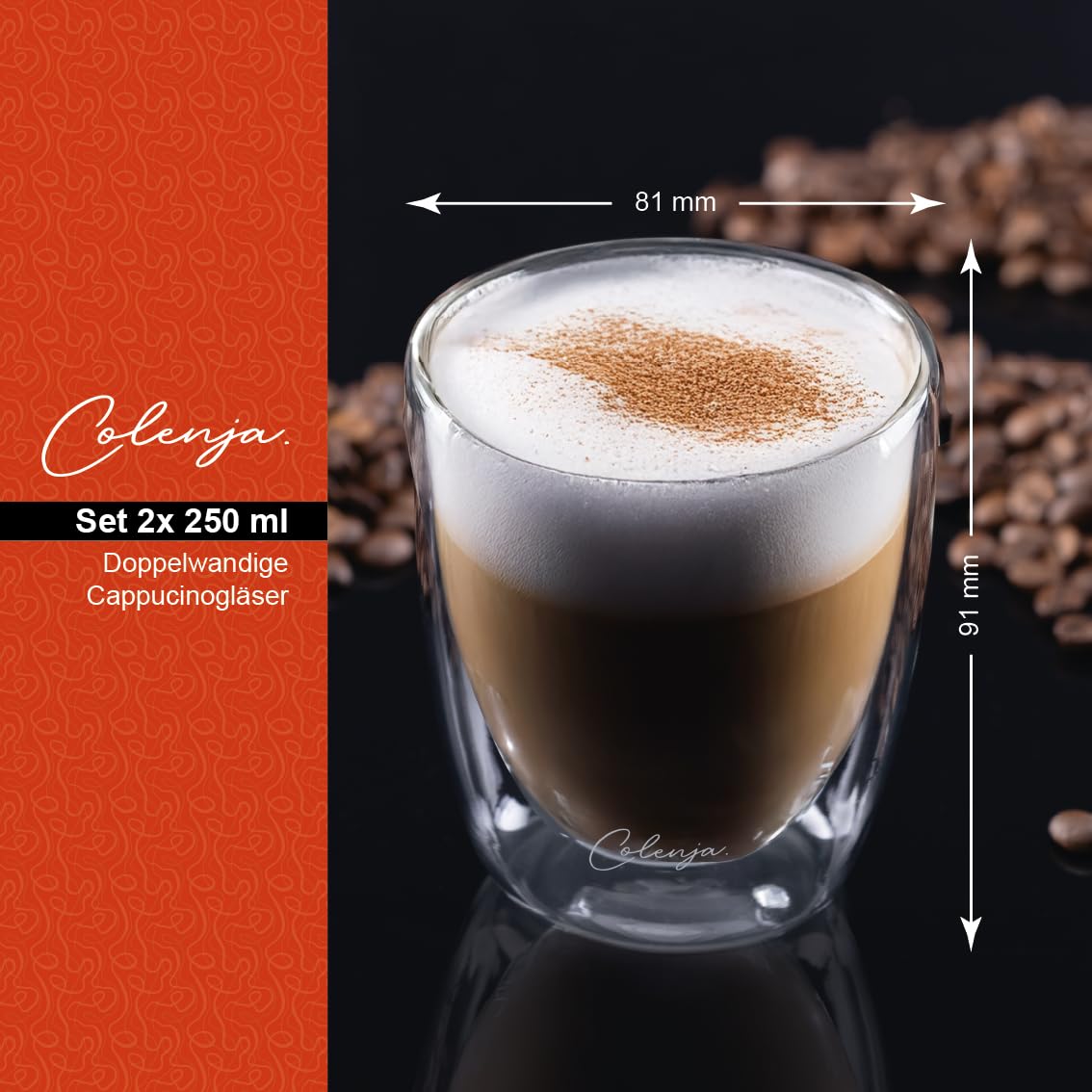 Szklanki do kawy z podwójnymi ściankami do cappuccino – zestaw 2 szt. 250 ml – wysokiej jakości szklanki do cappuccino – szkło odporne na zarysowania – szkło borokrzemowe – nadają się do mycia