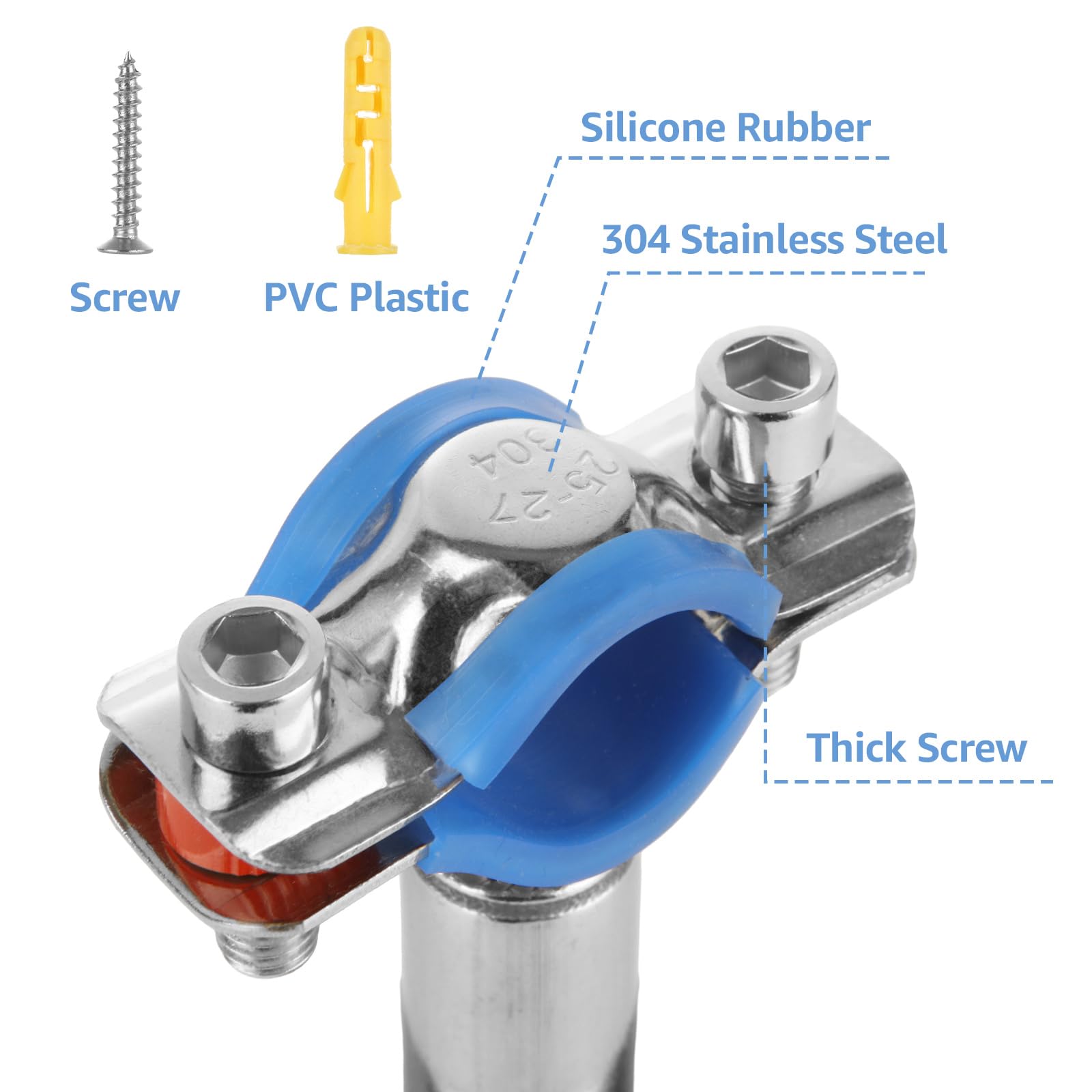 CertBuy 6 soportes de tubo ajustables de acero inoxidable para montaje en pared, abrazadera de soporte de correa de tubo ajustable, adecuado para tubos de 3/4 pulgadas de diámetro (25-28 mm) con