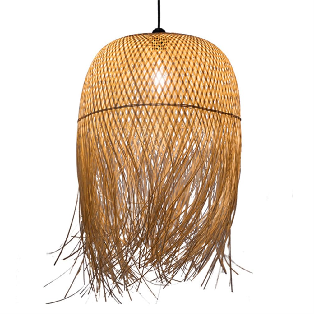 LYMSXAZOU 17.7''W Boho Lampshade Woven Bamboo Pendant Light Wicker Fixture Retro Unique Design Chandelier Hanging Adjustable Restaurant Tea Room Rattan
