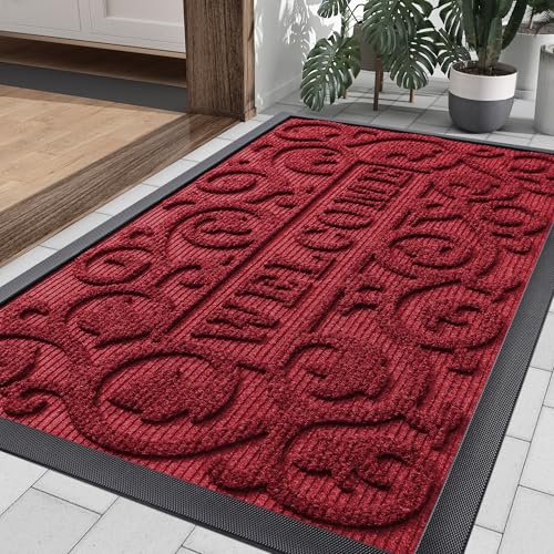 Image of Smiry Welcome Door Mat Outside Entrance, Heavy Duty Trap Dirt and Moisture Easy Clean Low Profile Patio Porch Indoor Outdoor Front Doormat for Entry, 35x23 Inch, Burgundy