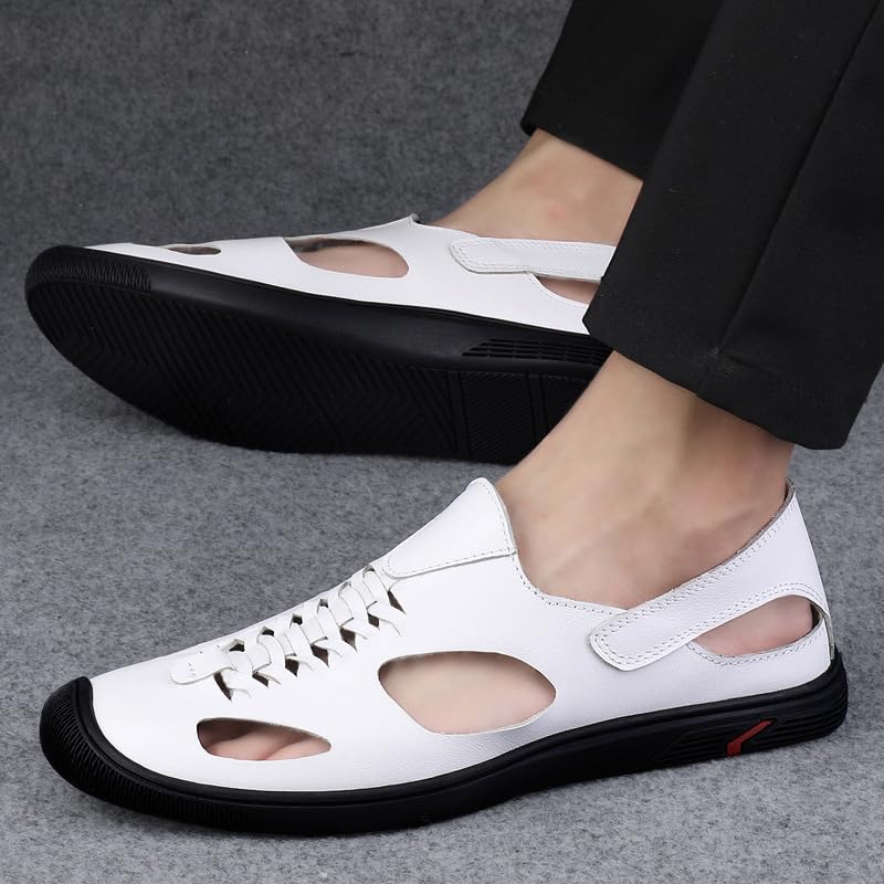 Men's Hollow Genuine Leather Flat Fisherman Sandals Casual Summer Breathable Closed Toe Slip Ons Driving Beach Walking Water Hiking Sandals3