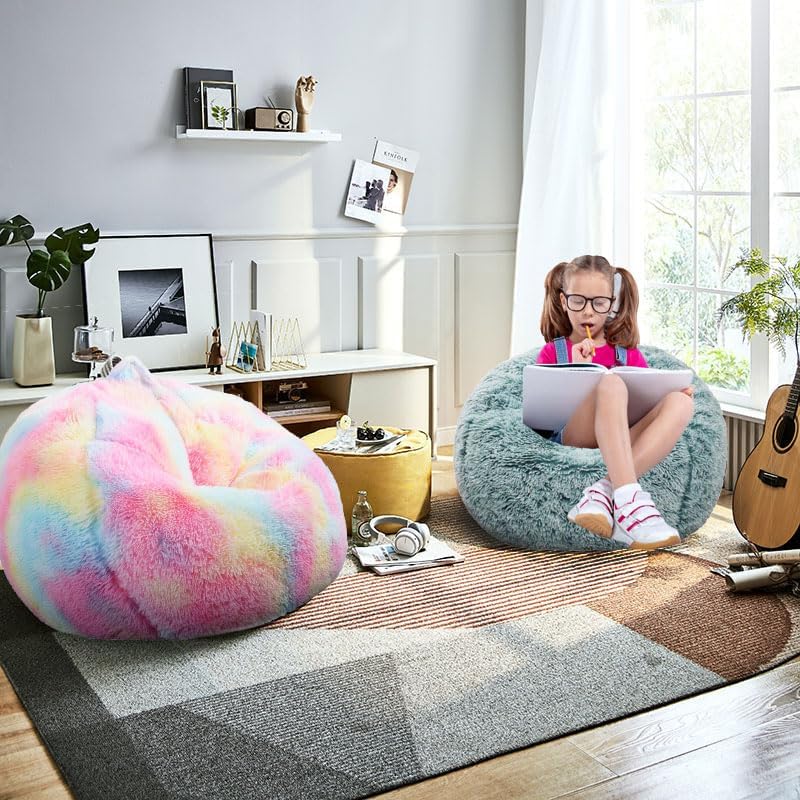 Fluffy Bean Bag Chair for Kids, 2.5FT Round Memory Foam Filled Bean Bag for Teens & Kids, Ultra Soft Faux Fur Fabric Bean Bag Chairs for Playroom, Living Room, Bedroom, Dark Green Small Dark Green