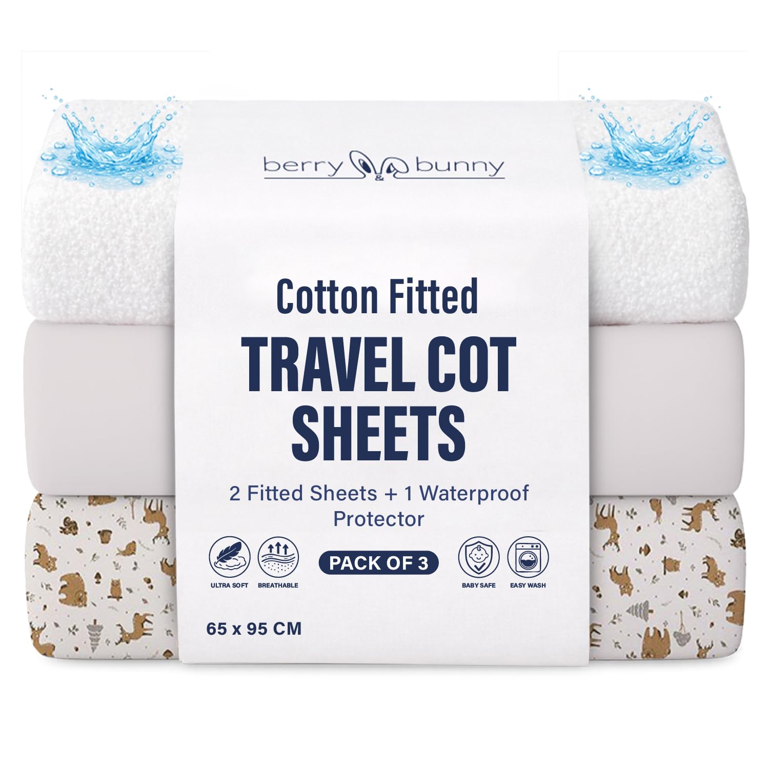 Berry & Bunny 3 Pack Travel Cot Sheets 95 x 65 cm – 100% Cotton 2 Fitted Sheets & 1 Waterproof Mattress Protector Cover – Soft Breathable Bedside Baby Cot Sheets for Baby Mattress – Gray Animal