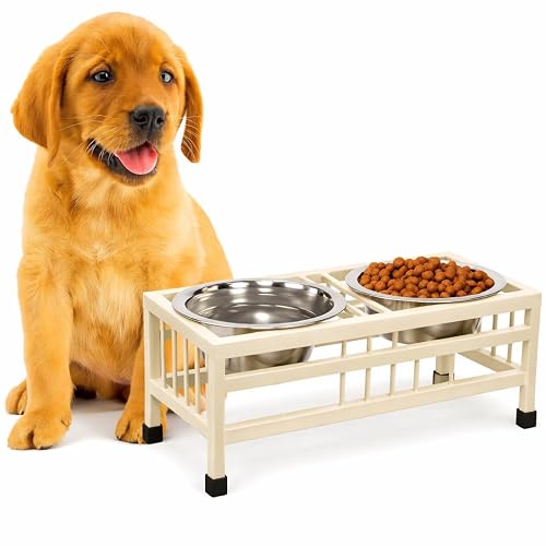 RvPaws Dog/Cat Elevated Rectangular Pet Double Diner with Stainless Steel Bowls for Pets, Durable, Food & Water Bowls with Iron Stand Cream Colour, Size-Small (350ml X 2 Bowl)