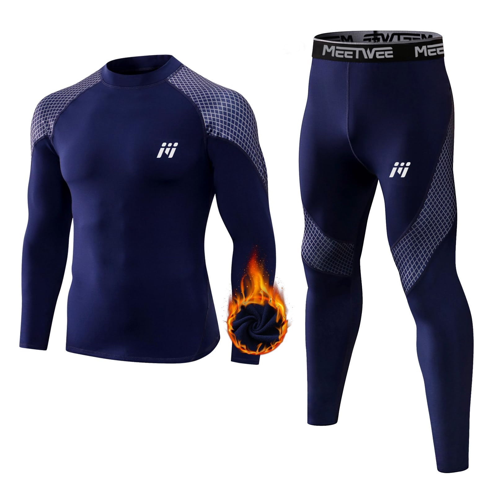 MEETWEE Biancheria Intima Termica Set Uomo, Antivento Funzionale Base Layer Asciugatura Rapida Maniche Lunghe Maglia Termica & Pantaloni per Invernali Sportiva Sci Allenamento Corsa Ciclismo