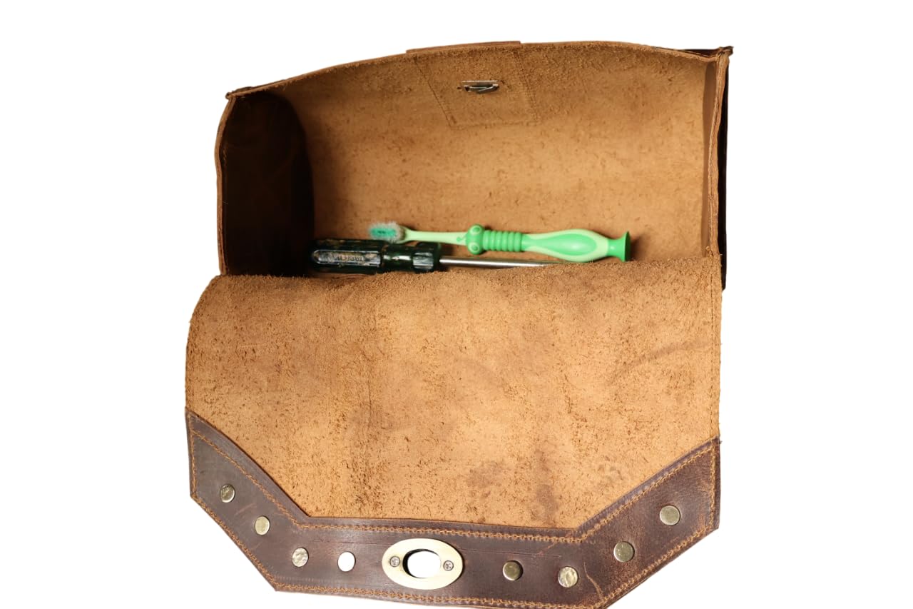 american blue Borsa da moto vintage, in vera pelle di capra, con fibbia a 2 cinghie e chiusura rapida, borsa porta attrezzi marrone, rinforzata, per manubrio, forcelle, borsa da bicicletta (motivo 21)