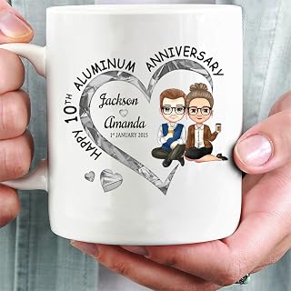 Unique Gifts For Anniversary, Happy 10th Aluminum Anniversary Heart Shape With Couple Sitting Together, Personalized Coffee Mug, Gifts For Husband Wife, White Ceramic 11 15oz Tea Cup