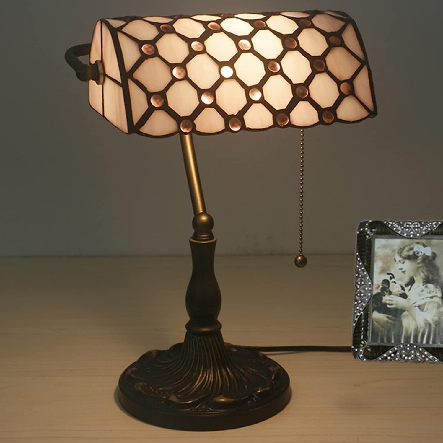 Bankiers Tischlampe, farbige Glaslampe, Kristallperlenschreibtischlampe, Schlafzimmer in der Nacht Leselampe (lila lila Glasperlenschatten) Innovate