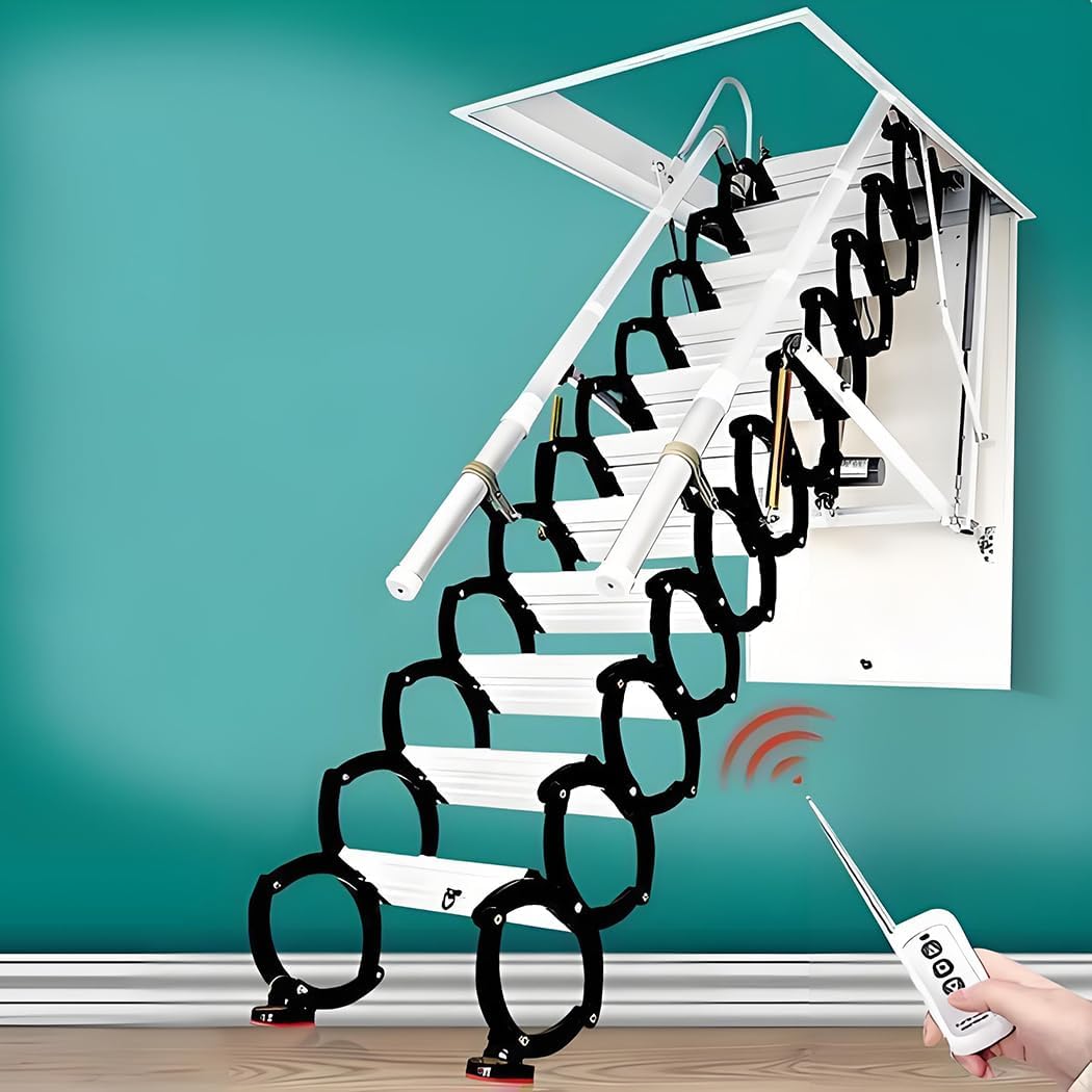 Electric attic Stairs with handrails Remote Control Ceiling Folding Telescopic Step-Ladder Hatch Customization (Hole Size:23.62 * 39.37inch-Height:9.18ft)