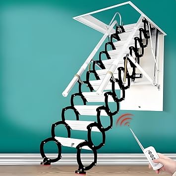 Electric Attic Ladder with Handrail 2M-3.8M Remote Control Custom Folding Telescopic Ladder Hatch Hole 90 x 90 cm - Height 2 m