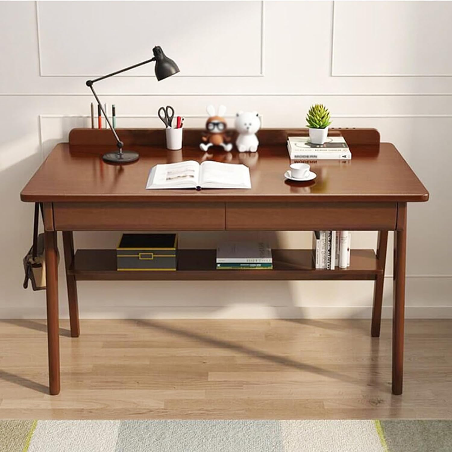 Biurko z drewna orzechowego z półkami Ders i Hoo - Home Office Study Table Writing and Work Desk 120 cm Nowoczesny drewniany design i