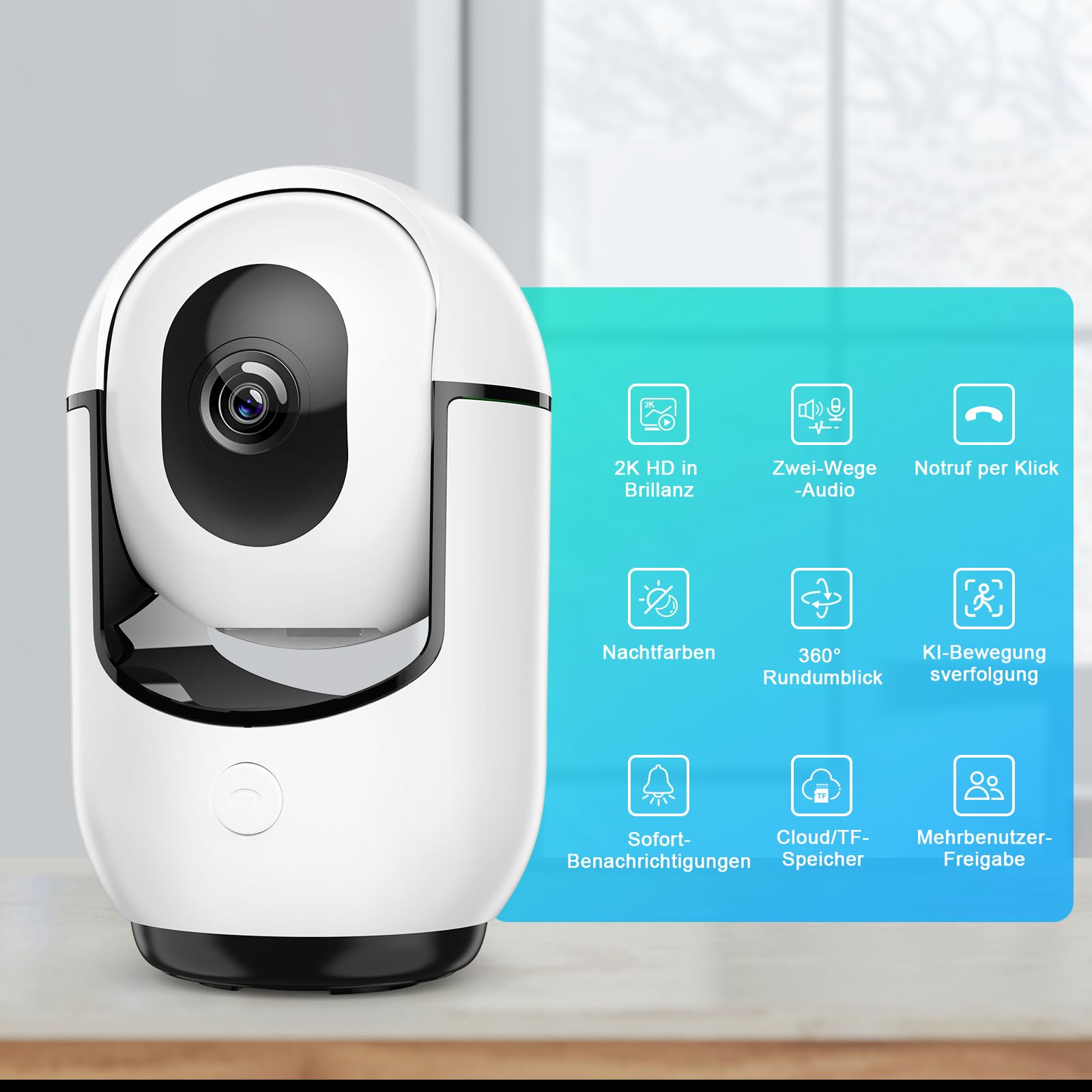 Inteligentna kamera do monitoringu 360° do użytku w pomieszczeniach, 1080p HD, noktowizor, kamera monitorująca wewnątrz z wykrywaniem ruchu PIR, dwukierunkowe audio, pamięć w chmurze / micro-SD