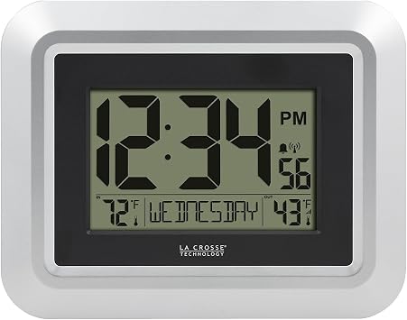 La Crosse Technology 513-1918S-INT Atomic Digital Wall Clock with Outdoor Temperature, Silver